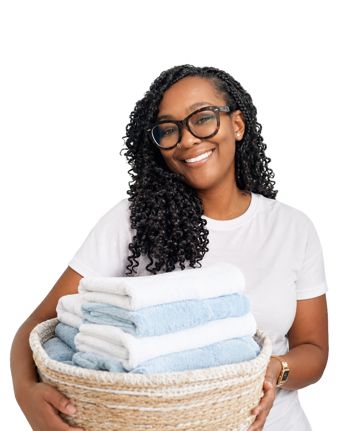 Tiani, owner of Cloud Clean Laundry, smiling and holding a basket of fresh folded laundry